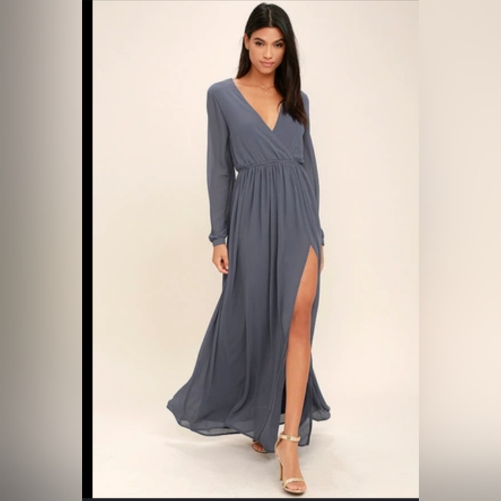 LULU'S Wonderous water lilies slate grey long sleeve maxi dress size small